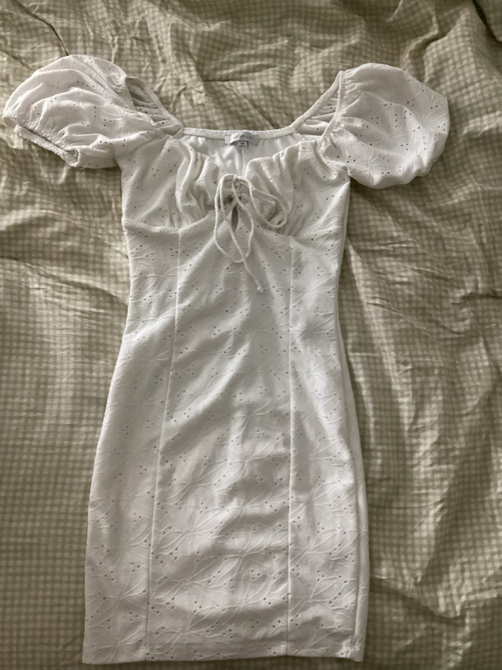 White Eyelet Puff-Sleeve Mini Dress with Tie Neck
